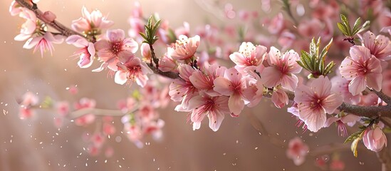 Poster - Delicate pink blossoms on a peach tree branch with soft blurred background creating ample negative space for text or design elements.