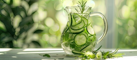 Poster - Refreshing cucumber water with rosemary in a clear jug on a bright white table against a softly blurred green background ideal for copy space.