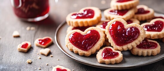 Aufkleber - Heart-shaped cookies filled with red raspberry jam arranged on a dark plate with cookie crumbs and a glass of jam in the background.
