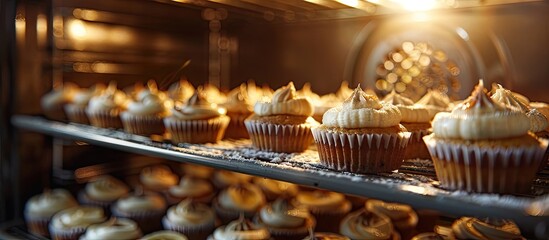 Aufkleber - Mini banana cupcakes baking in a warm oven on a metal tray with soft golden lighting and a blurred background for copy space