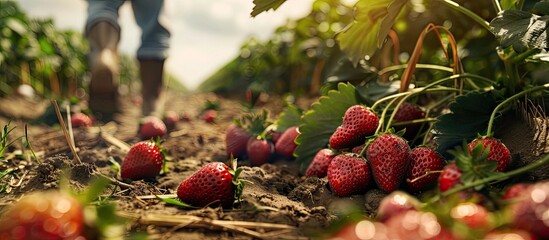 Poster - Vibrant red strawberries scattered on rich brown soil with a blurred background of a farmer walking through a lush green strawberry field