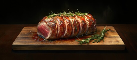 Aufkleber - Succulent roasted meat with rosemary garnish on a wooden cutting board dark background highlighting rich brown tones and textures of the meat.