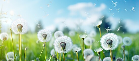 Leinwandbilder - Vibrant dandelion meadow under a clear blue sky with soft green grass, delicate white seed heads gently swaying in the light breeze.