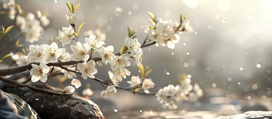 Aufkleber - Blooming plum blossoms with delicate white flowers on a branch, soft blurred background, gentle light creating a serene spring ambiance.