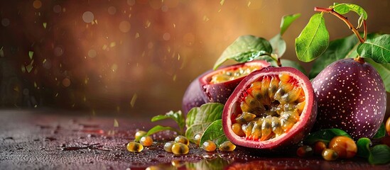 Aufkleber - Vibrant passionfruits sliced open showcasing bright yellow seeds with green leaves positioned around, soft warm toned background creating an inviting atmosphere.