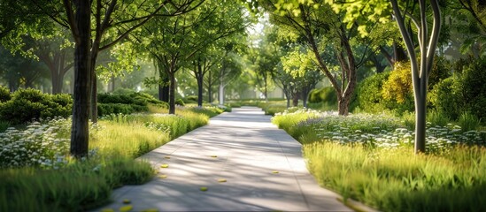 Aufkleber - Serene summer pathway winding through lush greenery and vibrant trees under soft sunlight creating a peaceful urban forest atmosphere