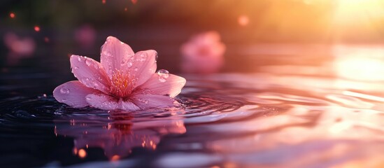 Fototapete - Delicate pink lotus flower floating in a shimmering copper bowl filled with tranquil water, illuminated by warm sunlight and gentle ripples