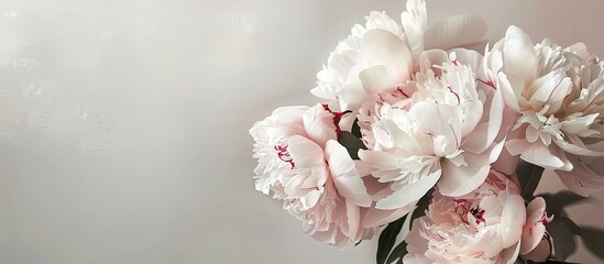 Aufkleber - Peonies in soft pink and white hues arranged gracefully on the right side with a pale background featuring ample copy space on the left.
