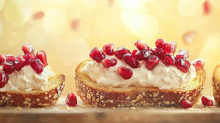 Wall Mural -   A close-up of a pastry with whipped cream and pomegranates on top, displayed on a table