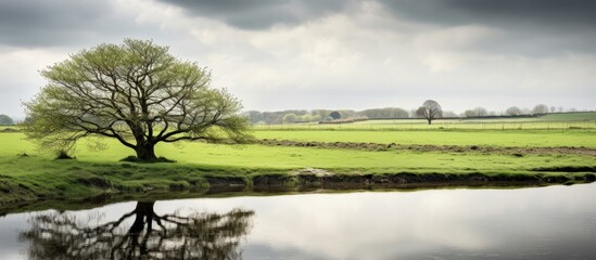 Poster - Tranquil spring landscape featuring a large tree by a mirror-smooth river reflecting cloudy gray skies and vibrant green grass on the shore.