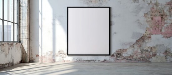 Poster - Minimalist black poster frame mockup on a weathered white wall with natural light from large windows casting soft shadows on the floor.