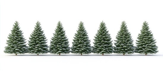Aufkleber - Row of lush green Christmas pine trees with snowy tips evenly spaced on a pristine white background highlighting winter festive spirit.