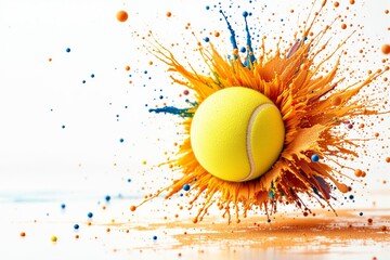Poster - Vibrant tennis ball exploding with colorful splashes on a white background.