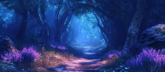 Fototapete - Enchanting ancient forest path illuminated by mystical blue hues with lush purple foliage on the sides creating a serene natural atmosphere.