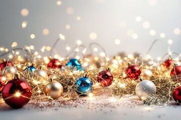 Poster - Christmas ornaments with fairy lights on a light background.