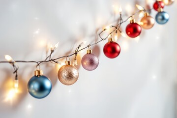 Poster - Christmas ornaments on string lights with light background.