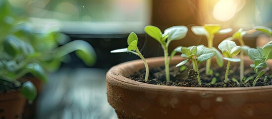 Aufkleber - Green seedlings emerging from a brown terracotta pot on a wooden surface with a blurred background featuring soft sunlight and space for text.