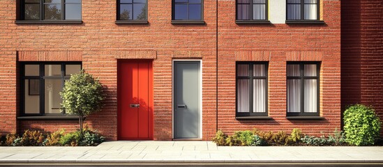 Poster - Modernized red clinker facade featuring a vibrant red door, grey door, and dark windows, with lush greenery along the sidewalk.