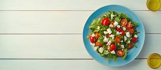 Poster - Fresh salad with cherry tomatoes, greens, feta cheese, and dressing in a vibrant blue plate on a rustic white wooden table, top view.