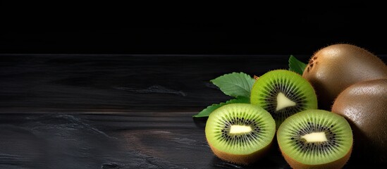Poster - Freshly cut kiwi fruits arranged on a black kitchen table with dark leaves creating a vibrant green pop against the minimalist background