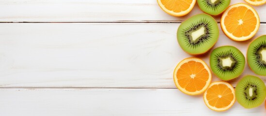Poster - Vibrant kiwi and orange slices arranged artistically on a white wooden background showcasing fresh fruits emphasizing healthy nutrition and vitamins