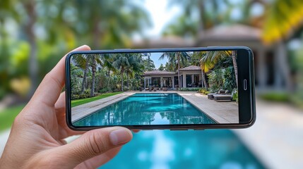 Sticker - A person photographing a luxurious villa with a pool surrounded by palm trees on a sunny day