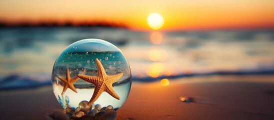 Aufkleber - Lensball capturing sunset beach scene with starfish reflection, warm orange and blue hues, positioned in foreground with gentle waves in background