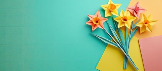 Poster - Colorful origami daffodils in shades of yellow and pink arranged on a turquoise and orange background with various sheets of paper positioned nearby.