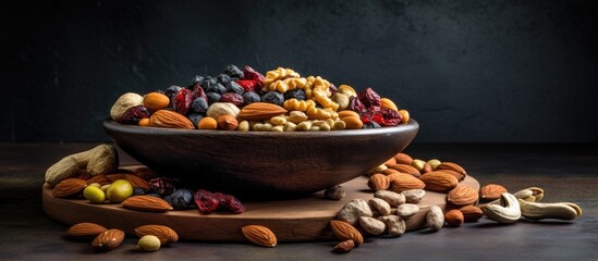 Poster - Diverse assortment of healthy nuts in a dark wooden bowl placed on a wooden board with rich textures and deep shadows against a moody backdrop