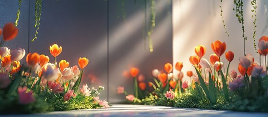 Aufkleber - Vibrant spring landscape featuring clusters of orange and pink tulips with lush green grass framing a peaceful blank space in soft natural light