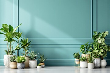 Poster - Elegant indoor plants in decorative pots against teal wall background.