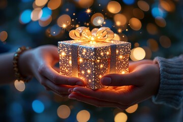 Poster - Glowing gift box exchanged between hands with sparkling lights in festive ambiance.