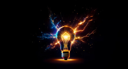 Poster - Glowing light bulb radiates vibrant orange and blue energy against a dark backdrop, symbolizing bright ideas and innovation. Powerful sparks emanate from the bulb.