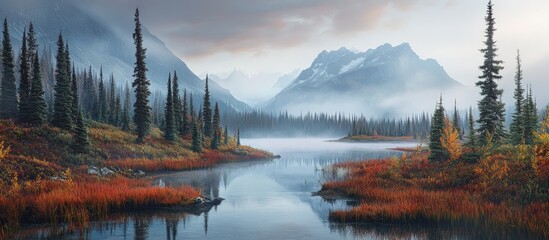 Aufkleber - Serene landscape featuring a tranquil lake surrounded by mountains and coniferous trees, with autumn foliage in vibrant red and orange hues.