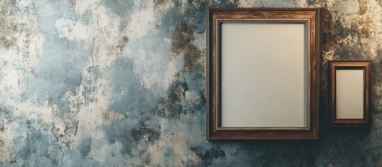 Aufkleber - Vintage wall with textured blue and gray tones featuring two empty wooden picture frames in the upper left corner conveying an art gallery feel.