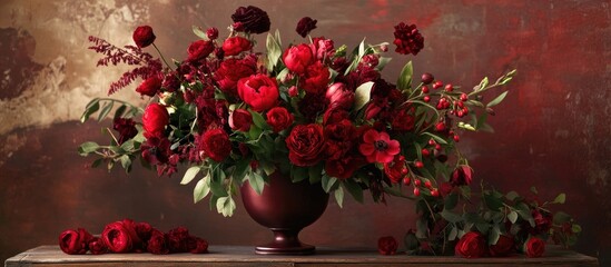 Aufkleber - Luxurious deep red floral arrangement with rich greenery in a dark vase set against a warm textured backdrop highlighting elegance and opulence