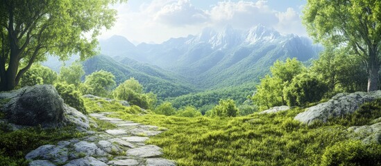 Aufkleber - Scenic mountain path winding through lush green hills under a bright sky with soft clouds, surrounded by vibrant valleys and distant peaks