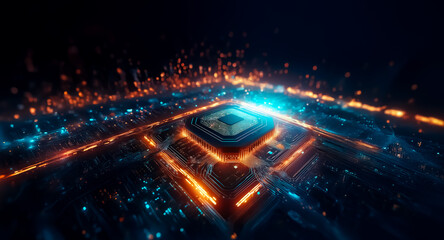 Poster - Futuristic circuit board design with glowing orange and blue lines emanating from a central chip, showcasing abstract technology and digital network connectivity.