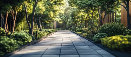 Aufkleber - Urban forest walkway featuring a paved path lined with lush greenery and trees bathed in soft sunlight creating a serene natural ambiance.