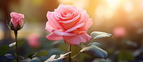 Aufkleber - Delicate pink rose in full bloom on the right with green leaves, bright background sunlight creating a serene garden atmosphere and copy space.