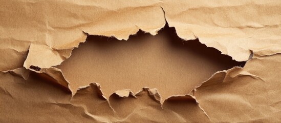Poster - torn brown paper texture with a central jagged hole revealing a blank background creating an intrigu