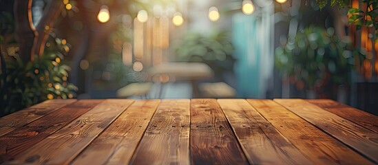 Aufkleber - Wooden table in the foreground with warm blurred garden lights and greenery in the background, evoking a cozy atmosphere for presentations.
