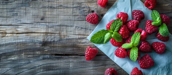 Aufkleber - Fresh red raspberries scattered on a textured wooden surface, with a green mint leaf on a light blue napkin, creating a vibrant natural composition.