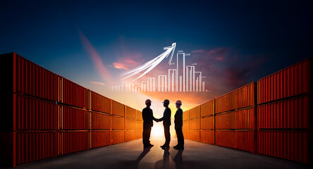Aufkleber - Silhouetted figures shake hands amidst shipping containers, symbolizing a business agreement under a dynamic sky with an upward trending graph.