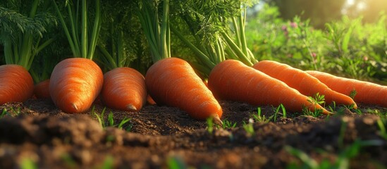 Poster - Freshly harvested bright orange carrots with green leafy tops emerging from rich brown soil, illuminated by warm golden sunlight in a lush garden.