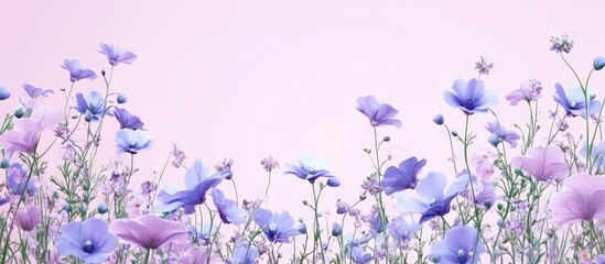 Poster - Flowering violets in soft pastel shades of purple and pink arranged in a flat lay style on a light pink background creating a tranquil spring pattern