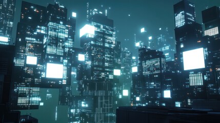 Poster - Futuristic city, glowing screens, digital landscape, night, tech concept