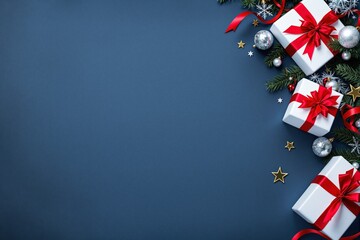 Poster - Christmas background with gift boxes and decorations on dark blue.