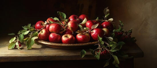 Poster - Vibrant red apples arranged on a rustic wooden plate with green leaves against a warm brown background, highlighting their ripeness and natural beauty.