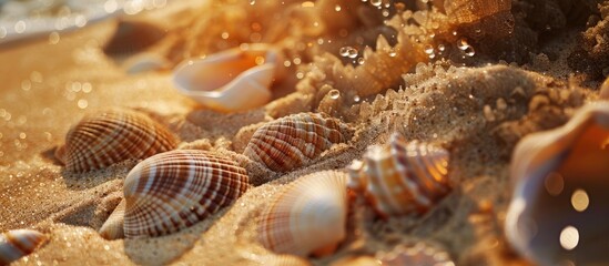 Aufkleber - Seashells scattered on golden sandy beach with warm sunlight creating a serene atmosphere and soft background highlighting copy space